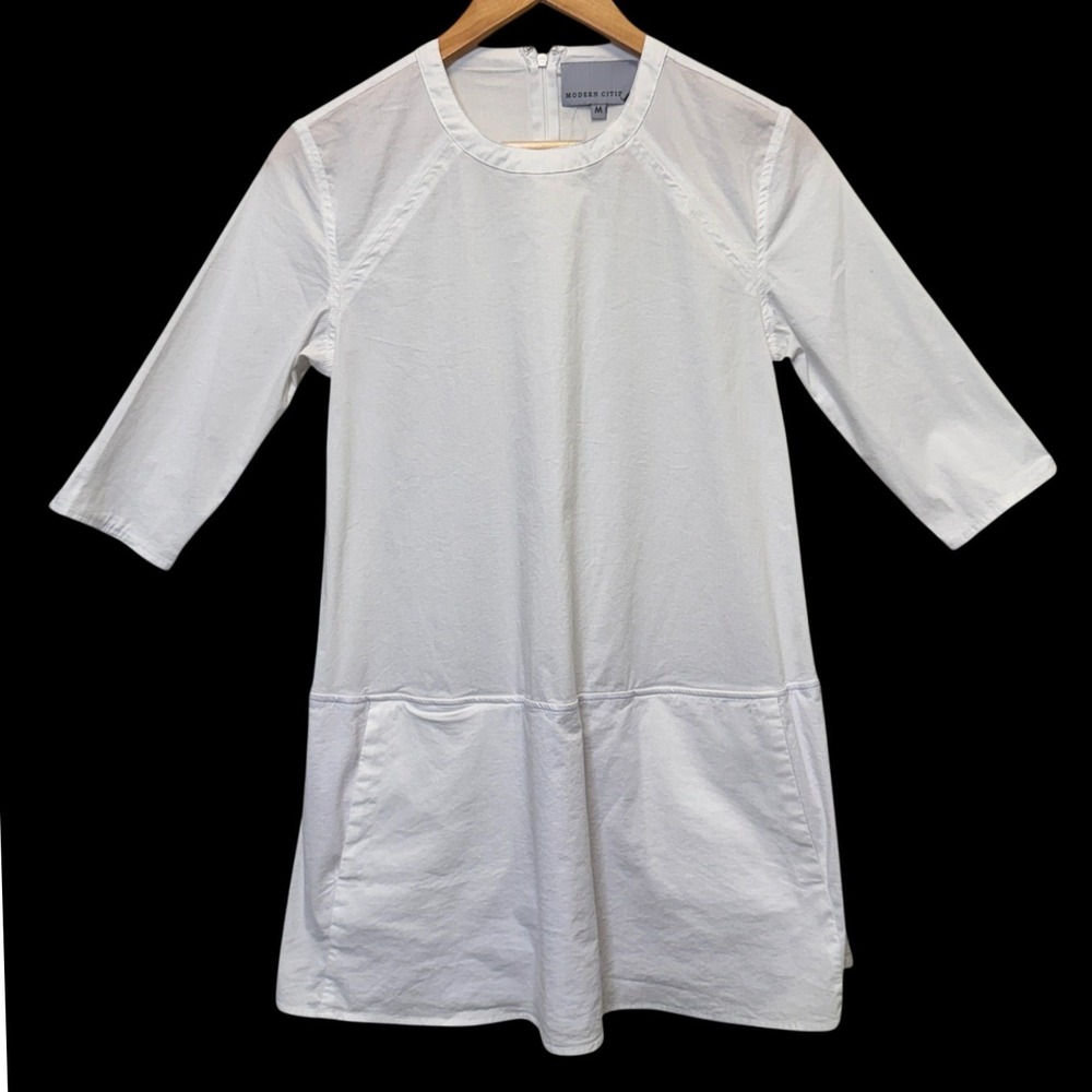 Modern Citizen A-Line Dress M White 3/4 Sleeve Drop Waist Pockets Minimalist